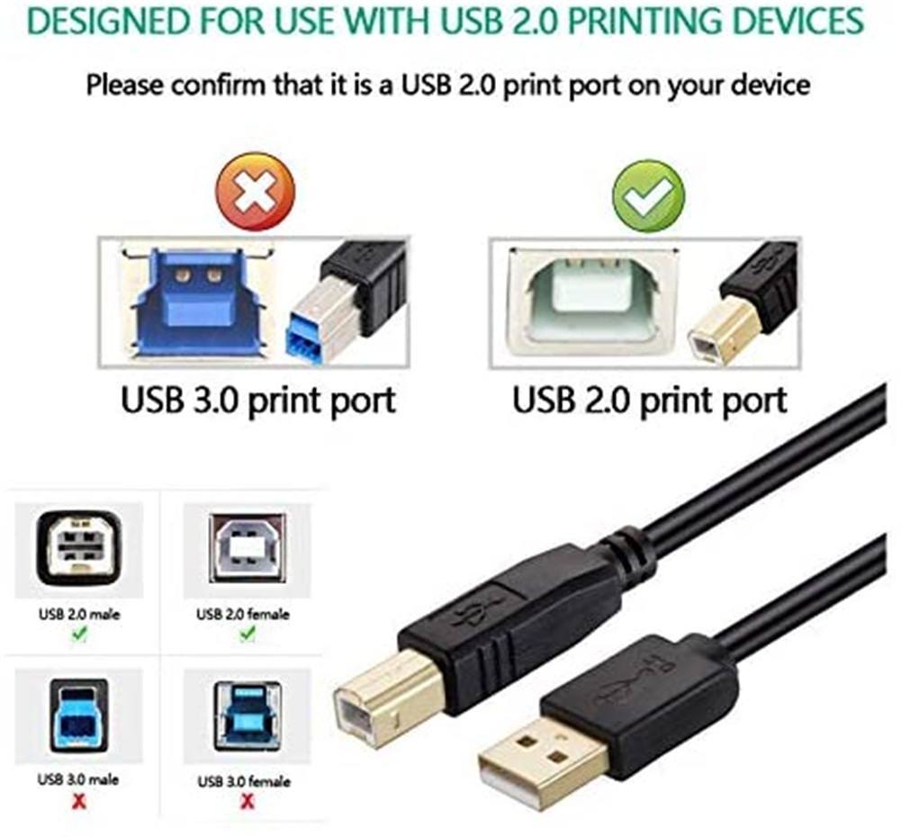 ပရင်တာကြိုး 9FT၊ USB ပရင်တာကြိုး မြန်နှုန်းမြင့် USB 2.0 A အထီး (၃) ခု၊